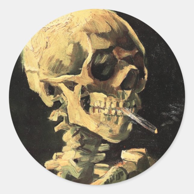 Van Gogh Skull mit brennendem Zigarettenmagnet Runder Aufkleber (Vorderseite)