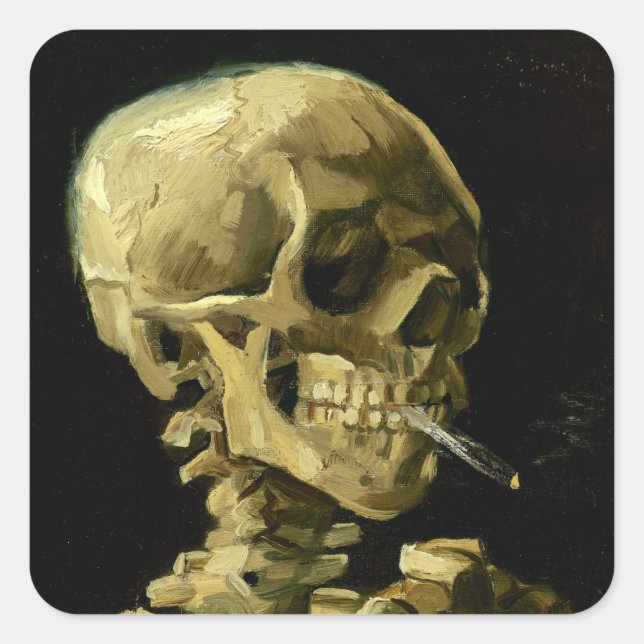 Van Gogh Smoking Skeleton Quadratischer Aufkleber (Vorderseite)