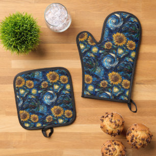 Van Gogh Sonnenblumen und Sternennacht Ofenhandschuh & Topflappen-Set
