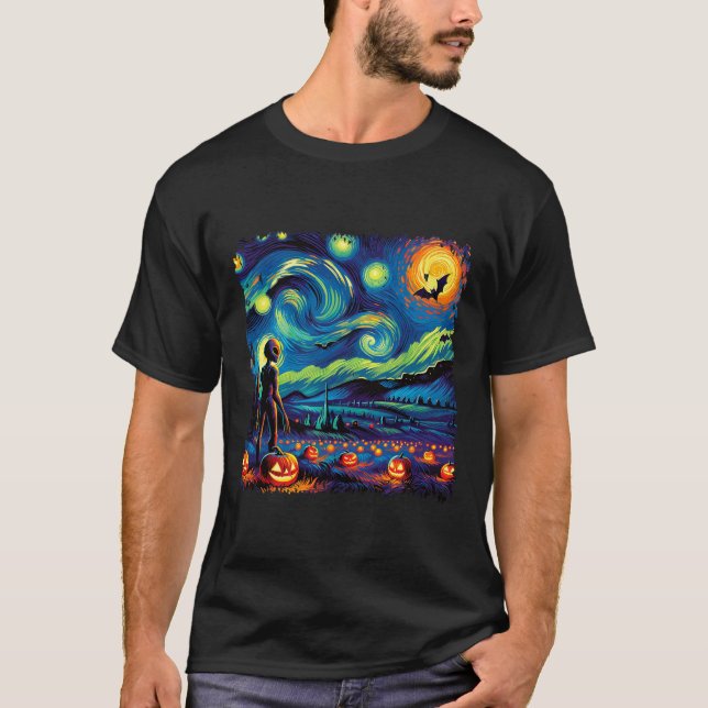 Van Gogh Starry Night Alien Man Halloween Fall Pum T-Shirt (Vorderseite)