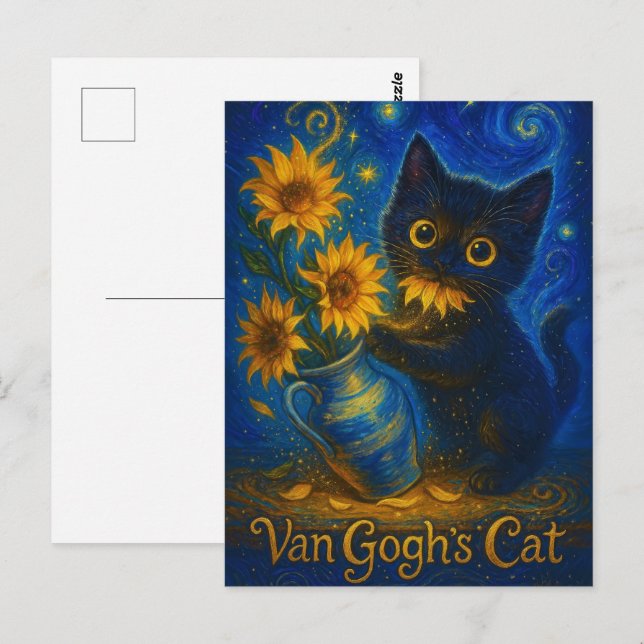 Van Gogh Starry Night Black Cat mit Sonnenblumen Postkarte (Vorne/Hinten)