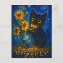 Van Gogh Starry Night Black Cat mit Sonnenblumen Postkarte