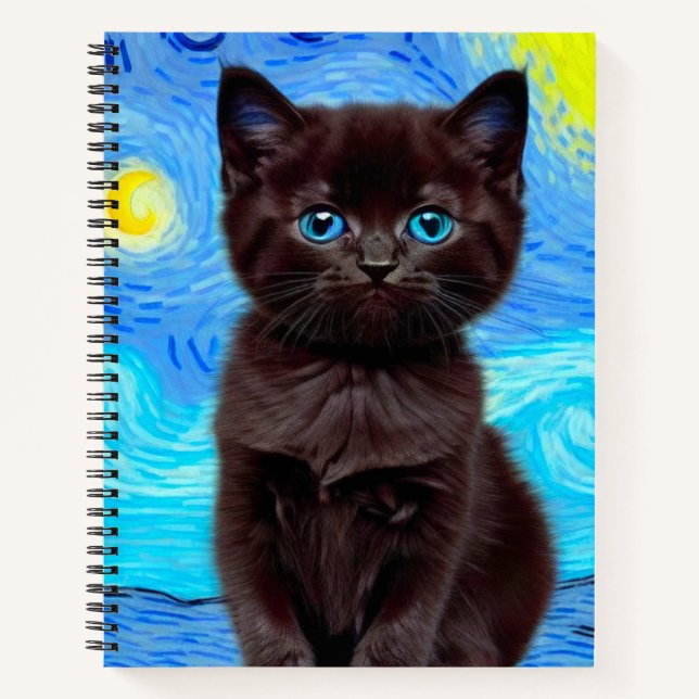Van Gogh Starry Night Black Cat Notizbuch (Vorderseite)