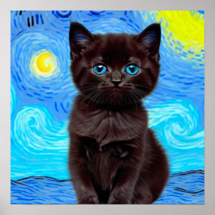 Van Gogh Starry Night Black Cat Poster