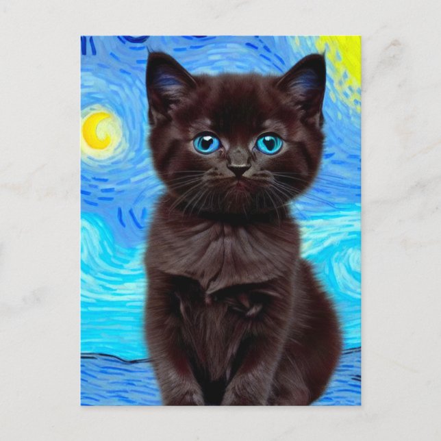 Van Gogh Starry Night Black Cat Postkarte (Vorderseite)