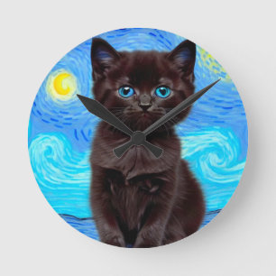 Van Gogh Starry Night Black Cat Runde Wanduhr