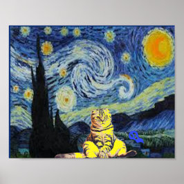 Van Gogh - Starry Night, Cat Art Parody, Poster