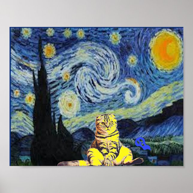 Van Gogh - Starry Night, Cat Art Parody, Poster (Vorne)
