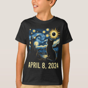 Van Gogh Starry Night Cat Total Solar Eclipse Apri T-Shirt
