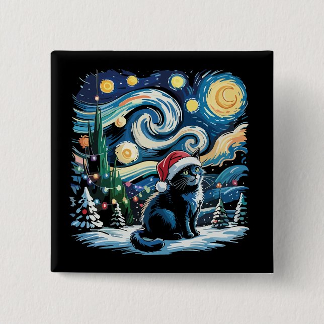 Van Gogh Starry Night Festivals Black Cat Button (Vorderseite)