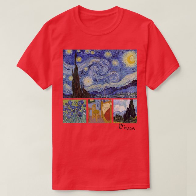 Van Gogh Starry Night, Irises, Room with Chair, an T-Shirt (Design vorne)