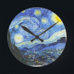 Van Gogh Starry Night Runde Wanduhr<br><div class="desc">"van gogh",  vincent,  starry night,  painting,  famous,  vintage,  stars,  sky,  art,  blue</div>