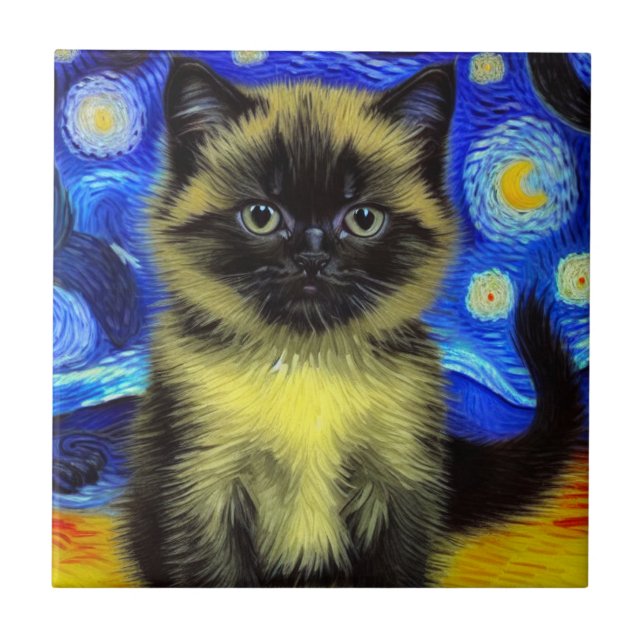 Van Gogh Starry Night Siamese Cat Fliese (Vorderseite)