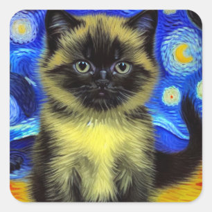 Van Gogh Starry Night Siamese Cat Quadratischer Aufkleber