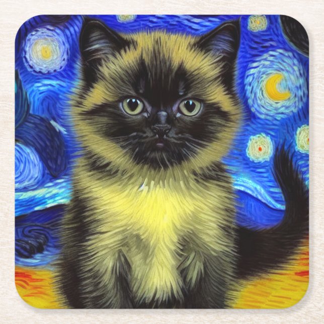 Van Gogh Starry Night Siamese Cat Rechteckiger Pappuntersetzer (Vorderseite)