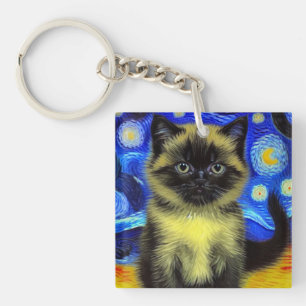 Van Gogh Starry Night Siamese Cat Schlüsselanhänger