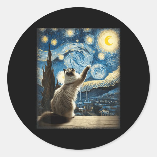 Van Gogh Starry Night Style Artistic Ragdoll Chat Runder Aufkleber (Vorderseite)