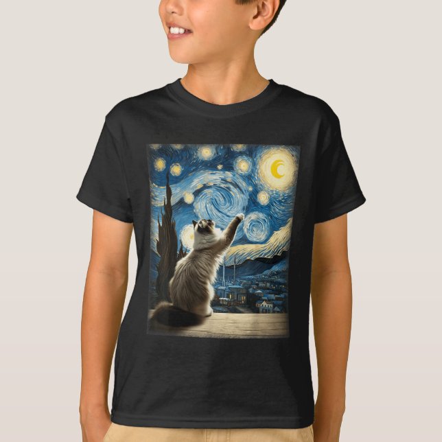 Van Gogh Starry Night Style Artistic Ragdoll Chat T-Shirt (Vorderseite)