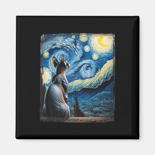 Van Gogh Starry Night Style Artistic Sphynx Cat Magnet (Vorne)