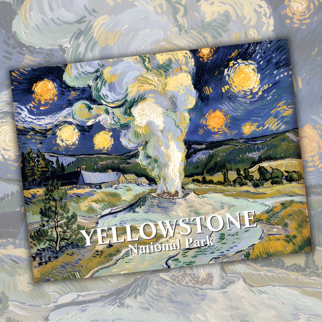 Van Gogh Starry Night Yellowstone Alte Treue Kunst Postkarte (Van Gogh Starry Night Yellowstone Old Faithful Art Postcard)