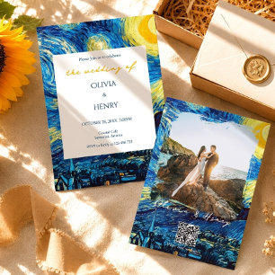 Van Gogh Sternennacht Foto QR-Code Hochzeit Einladung
