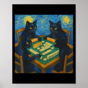 Van Gogh Sternennacht Katze spielt Mahjong chinesi Poster