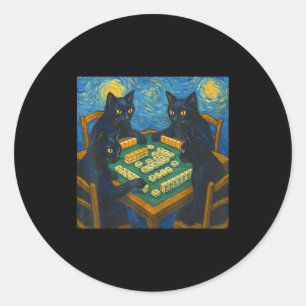 Van Gogh Sternennacht Katze spielt Mahjong chinesi Runder Aufkleber