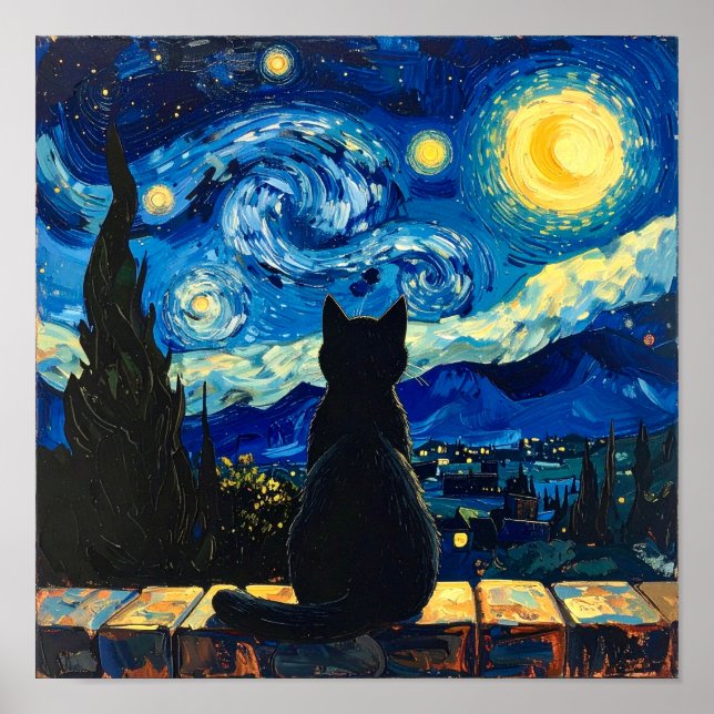 Van Gogh Sternennacht mit schwarzer Katze Poster (Vorne)