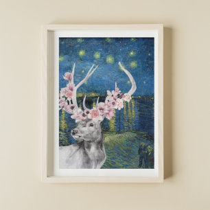 Van Gogh Sternennacht und Blumenhirsch Zusammenste Poster