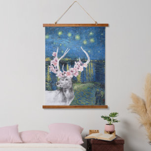 Van Gogh Sternennacht und Hirsch-Blumen-Kompilatio Wandteppich Mit Holzrahmen