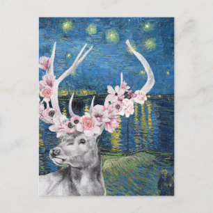 Van Gogh Sternennacht und Hirsch-Blumen-Zusammenst Postkarte