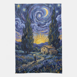 Van-Gogh-Stil Zypressen Dämmerung Mitternacht Mond Geschirrtuch