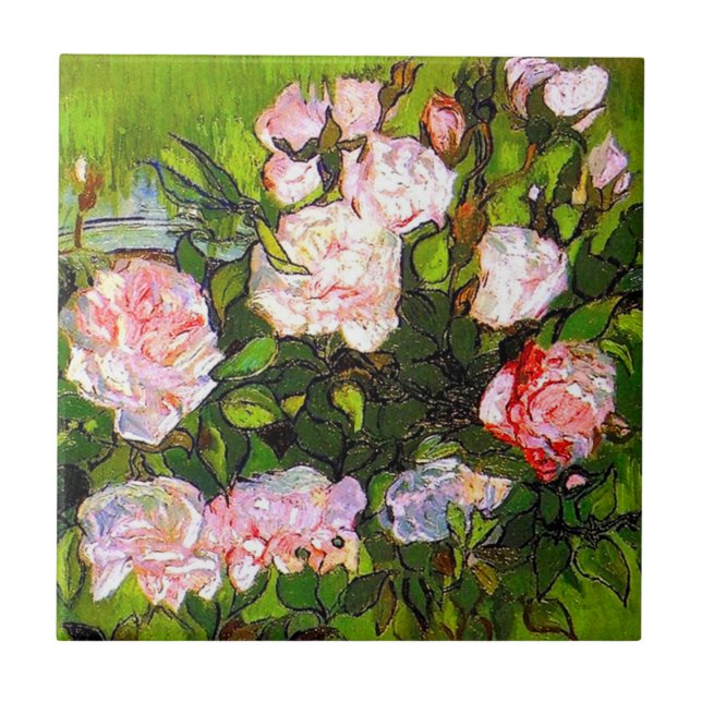 Van Gogh Still Life mit rosa Roses Fliese (Vorderseite)