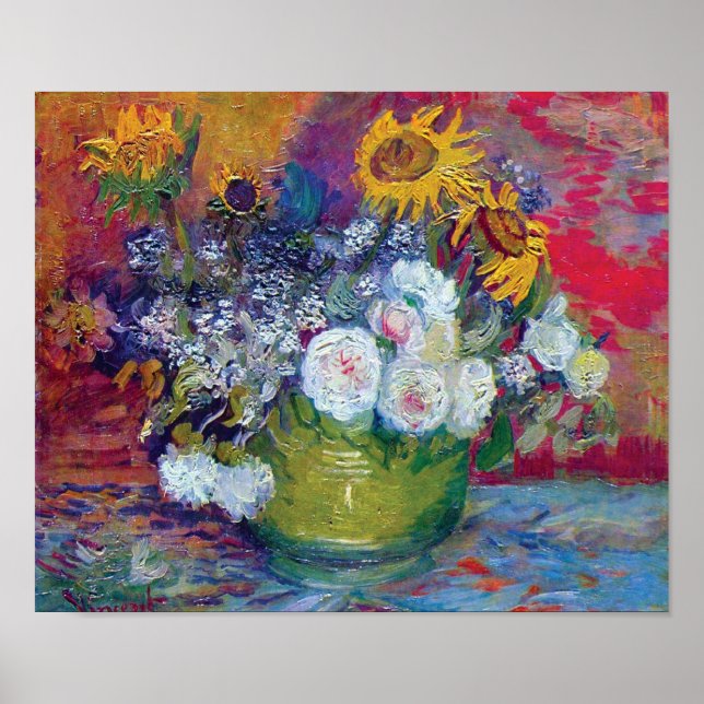 Van Gogh - Stillleben mit Rose und Sonnenblumen Poster (Vorne)