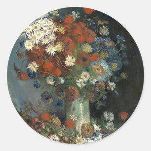 Van Gogh Stillleben mit Wiesenblumen und Rosen Runder Aufkleber