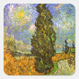 Van Gogh: Straße mit Zypresse und Stern Quadratischer Aufkleber