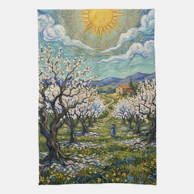 Van Gogh Style Almond Orchard Sunlit Blossom  Geschirrtuch (Vertikal)
