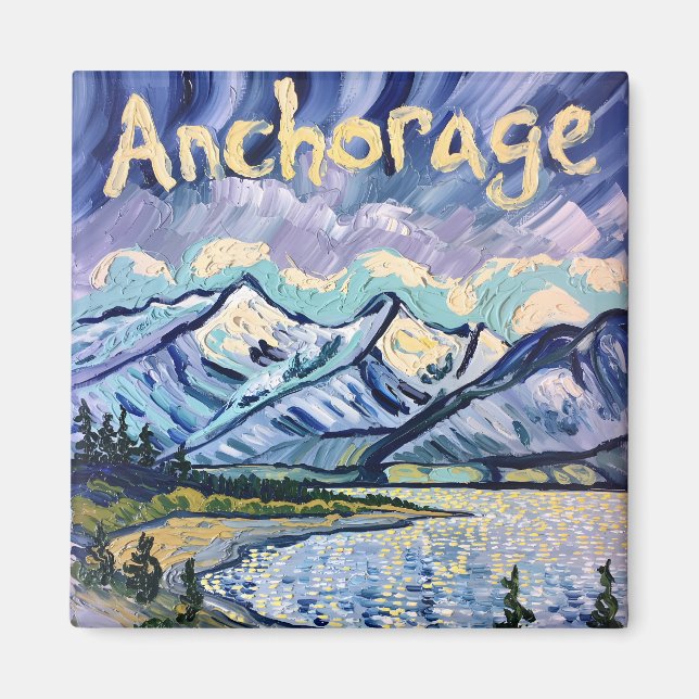 Van Gogh Style Anchorage Alaska Landschaftsbild Ma Magnet (Vorne)