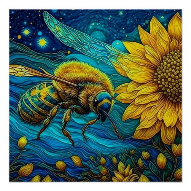 Van Gogh Style Bee & Sunflower Poster (Vorderseite)