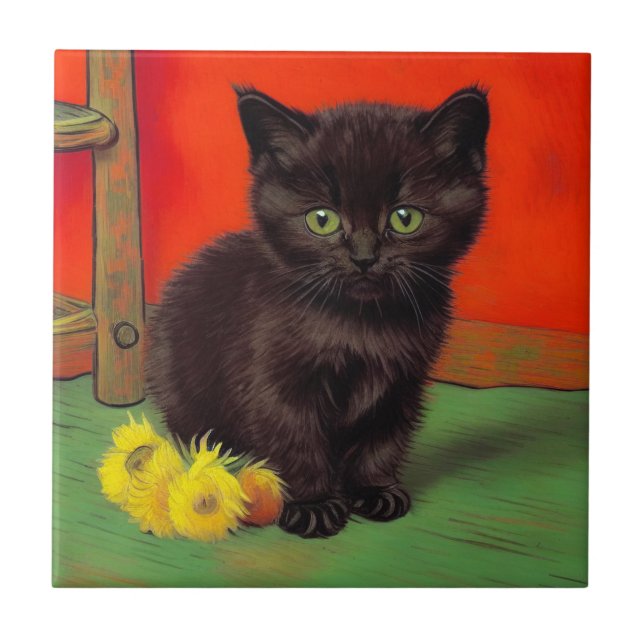 Van Gogh Style Black Cat Fliese (Vorderseite)