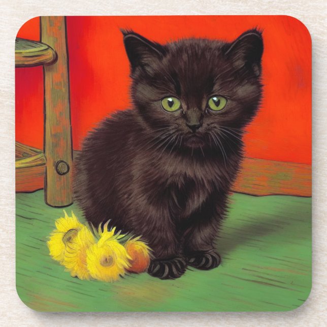Van Gogh Style Black Cat Getränkeuntersetzer (Vorderseite)