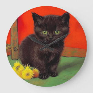 Van Gogh Style Black Cat Große Wanduhr