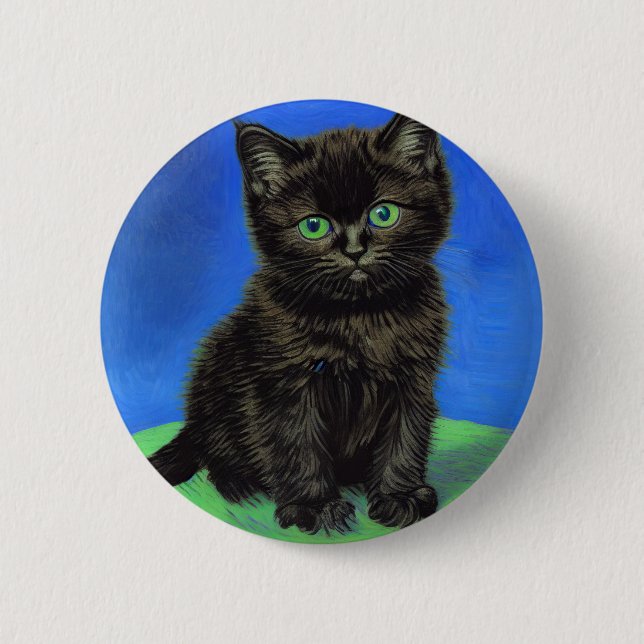 Van Gogh Style Black Kitten Button (Vorderseite)