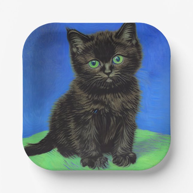 Van Gogh Style Black Kitten Pappteller (Vorderseite)
