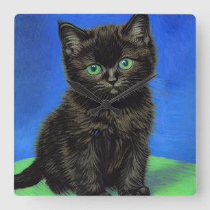 Van Gogh Style Black Kitten Quadratische Wanduhr