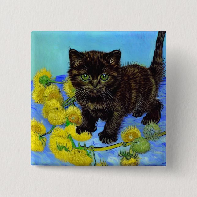 Van Gogh Style Cat mit Sonnenblumen Button (Vorderseite)