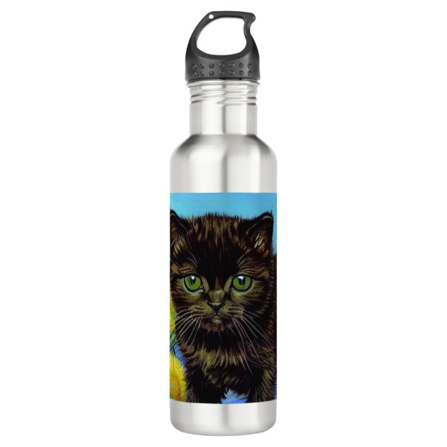 Van Gogh Style Cat mit Sonnenblumen Edelstahlflasche (Vorderseite)
