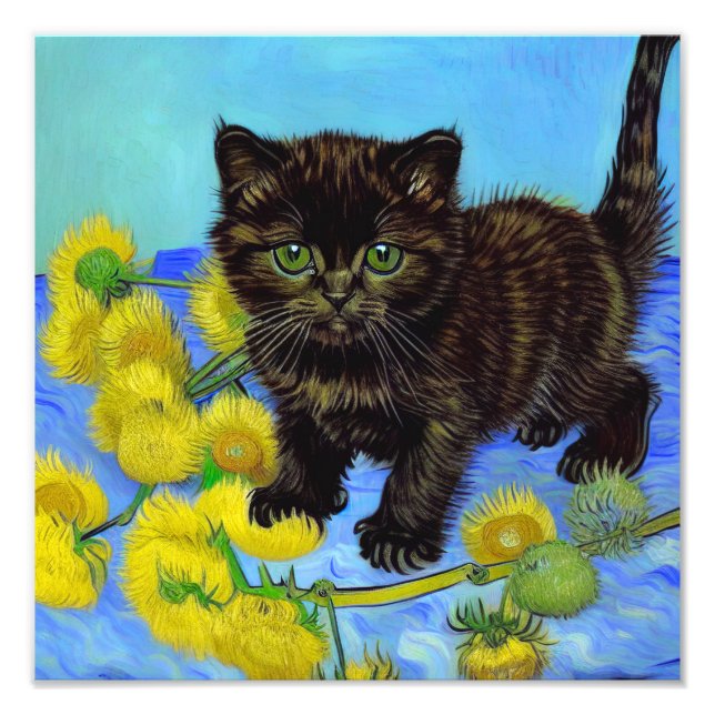 Van Gogh Style Cat mit Sonnenblumen Fotodruck (Vorne)