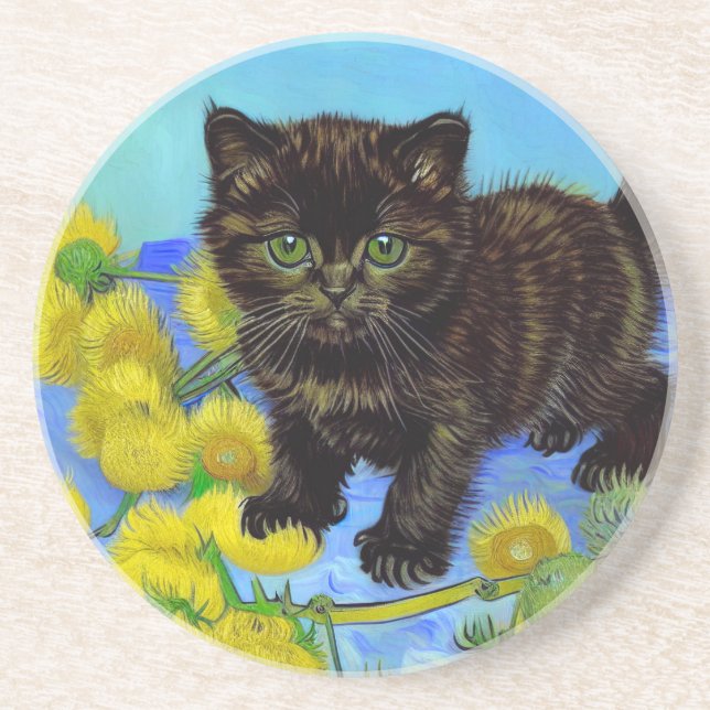 Van Gogh Style Cat mit Sonnenblumen Getränkeuntersetzer (Vorne)
