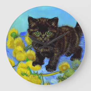 Van Gogh Style Cat mit Sonnenblumen Große Wanduhr
